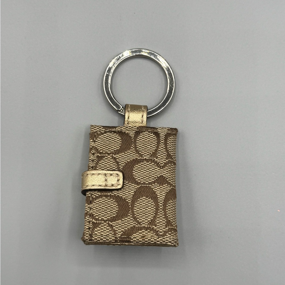 Coach Signature Canvas Picture Frame Keychain – Holds 2 Photos, Gold Trim - Picture 3 of 6